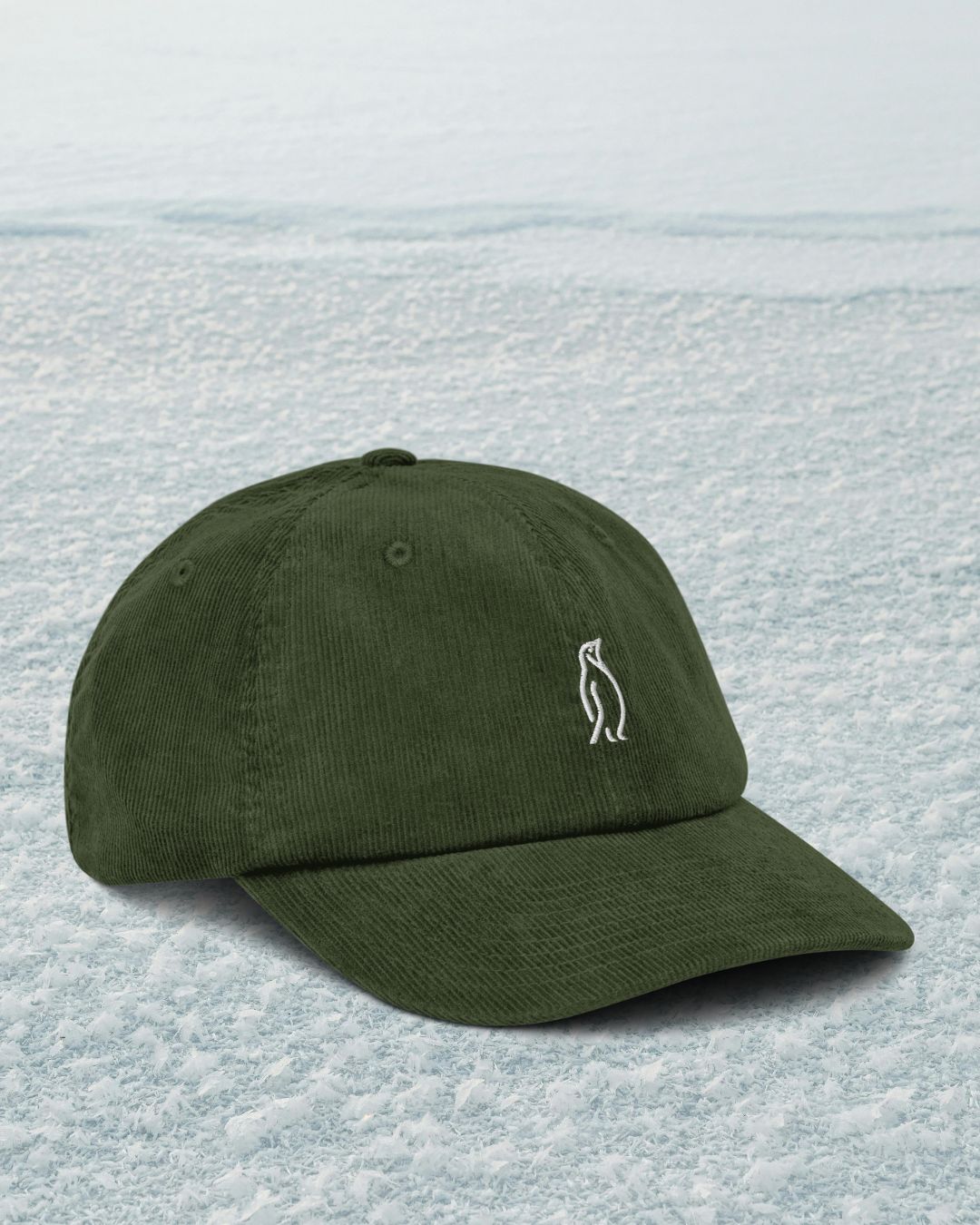 Cord Cap Pine Ridge mit weißer Pinguin-Stickerei – Detailansicht auf Eisfläche