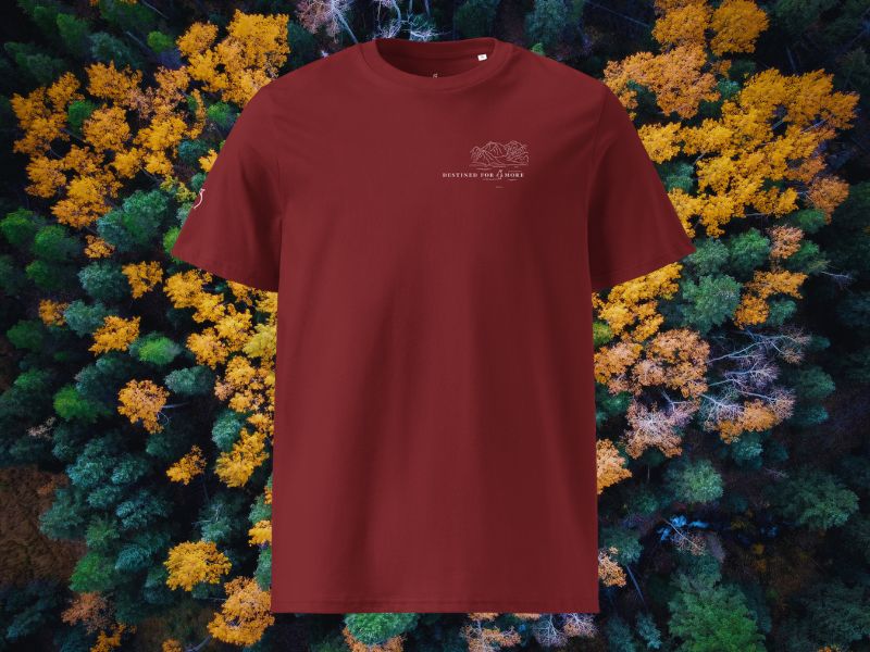 ESTINED FOR MORE Premium T-Shirt Ember mit Bergmotiv-Print – Frontansicht vor herbstlichem Waldpanorama