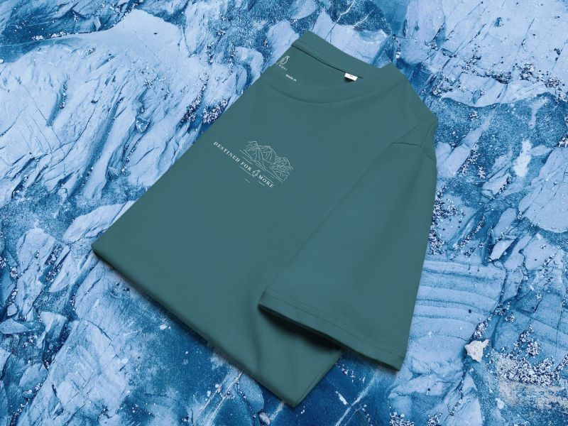 DESTINED FOR MORE Premium T-Shirt Fieldstone mit Brust-Print – Mann vor nebelverhangener Berglandschaft