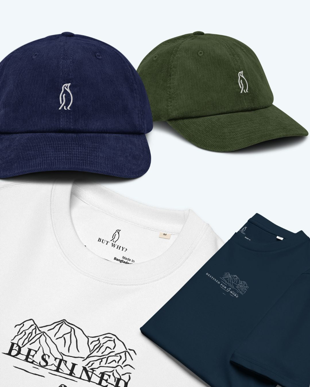 DESTINED Kollektion – Cord Caps, Sweatshirt und T-Shirt mit Bergmotiv und Pinguin-Label im Überblick