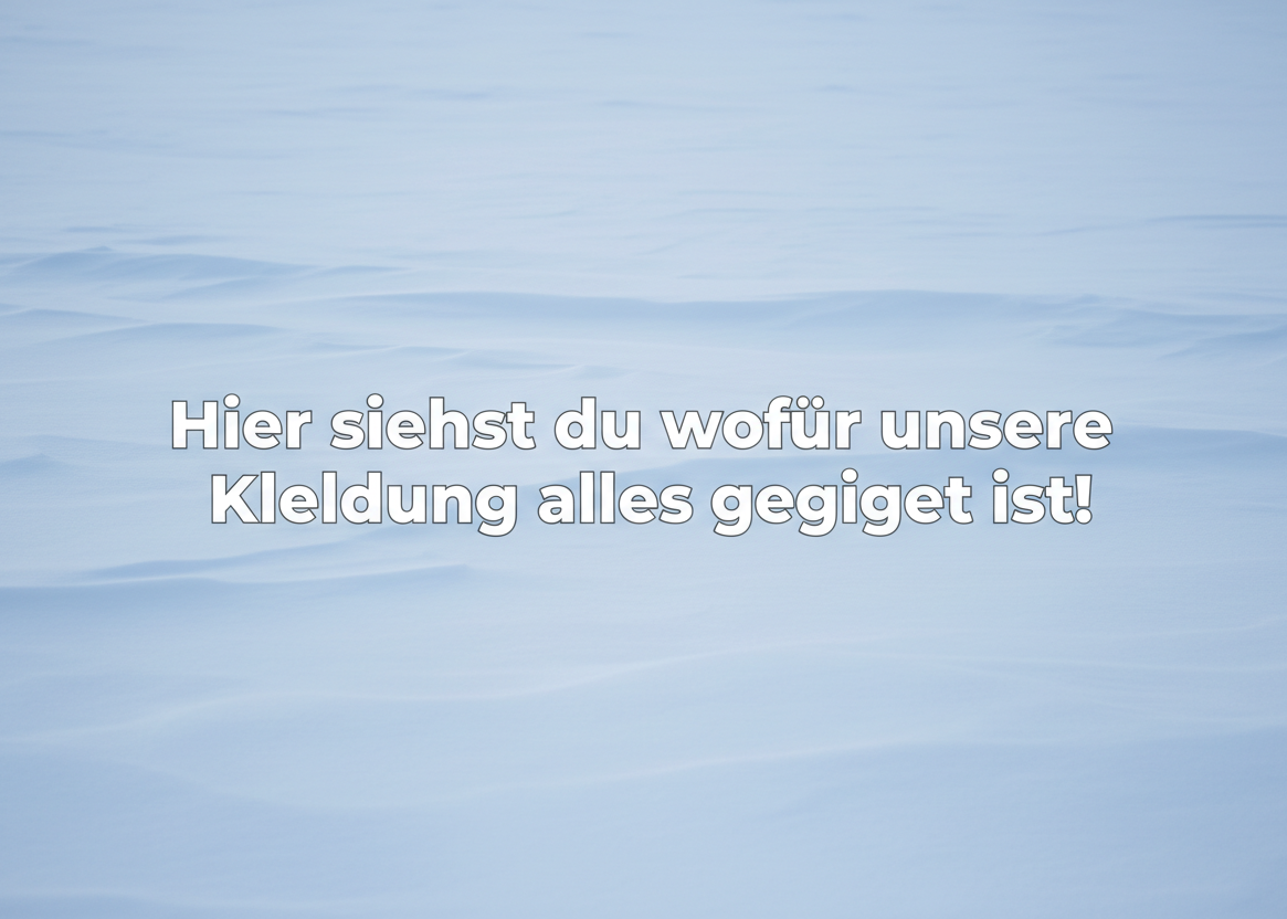 Text "Hier siehst du wofür unsere Kleidung alles geeignet ist!" auf Schneehintergrund